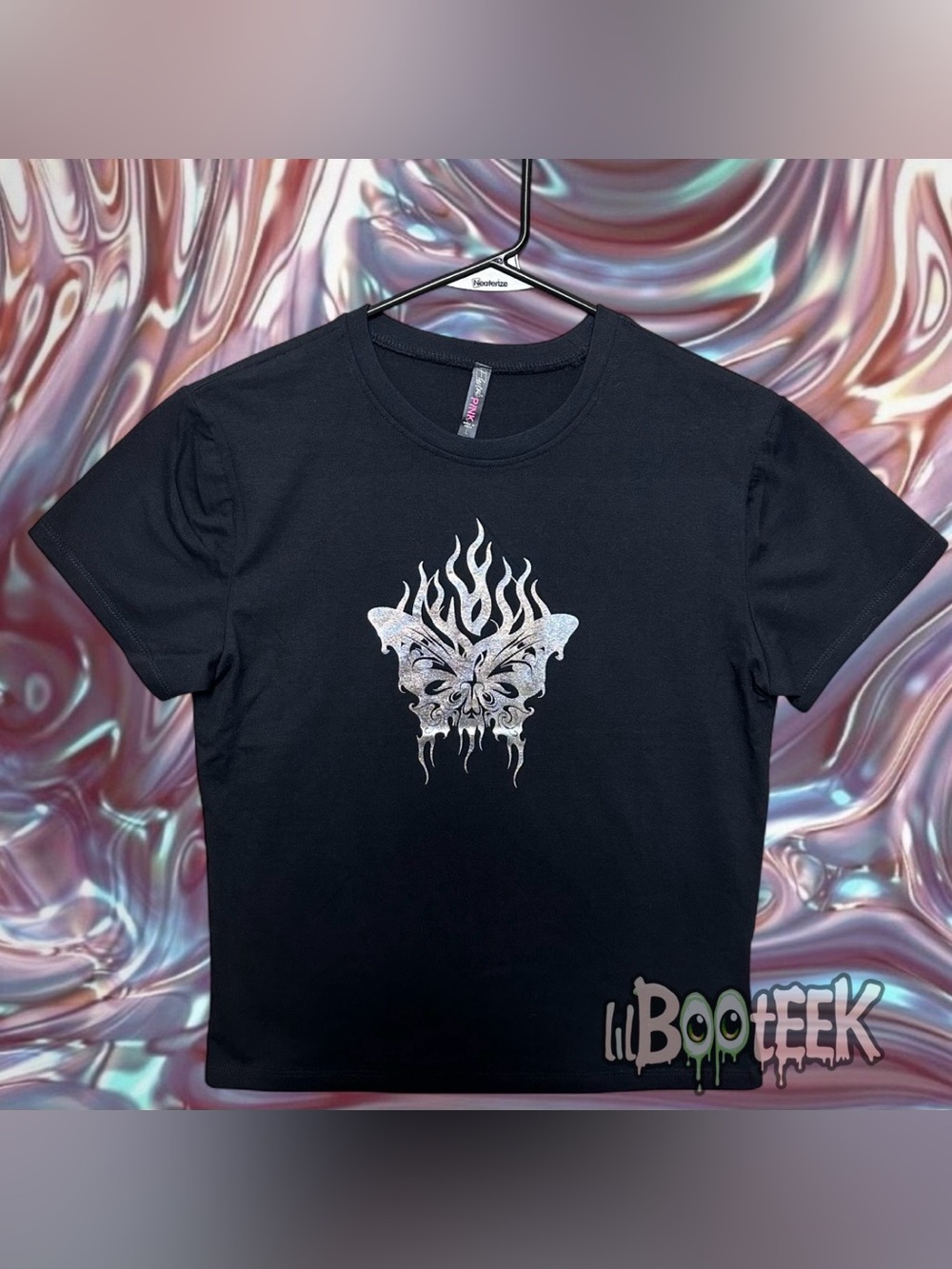 Ladies LG Black Baby Tee w Holographic Metallic Silver Flaming Butterfly NEW Y2K